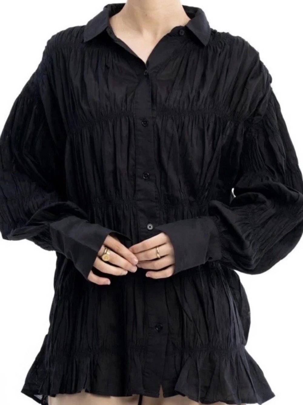 ZARA Black Pleated Button-Down Whimseygoth Blouse Black Long Sleeve Small Cotton